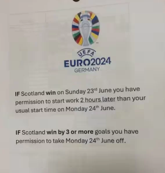 Company Announces Two-Hour Late Arrival for Employees if Scotland Wins, Day Off if They Score Three Goals or More