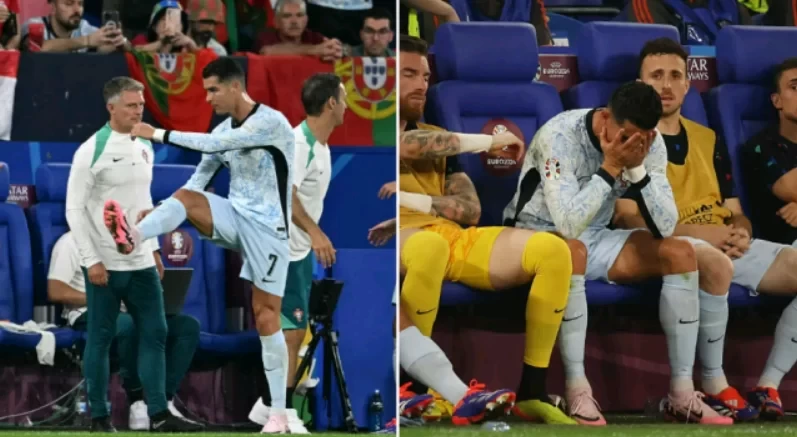 Cristiano Ronaldo kicks water bottle after being substituted