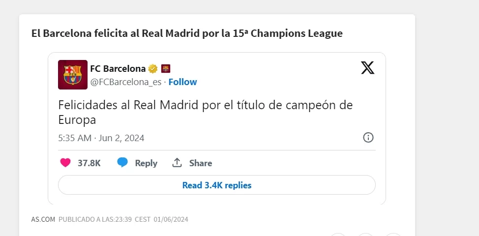 No longer sworn enemies! Barcelona officially congratulates Real Madrid on their 15th Champions League title