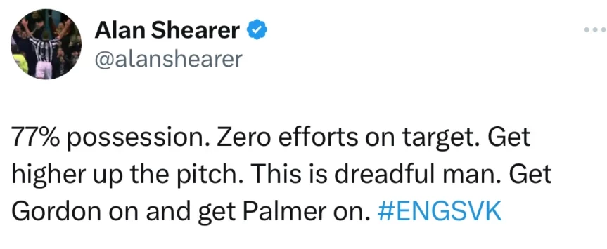 Alan Shearer Rants on Social Media: 77% Possession, No Shots On Target, “Get Gordon and Palmer On!”