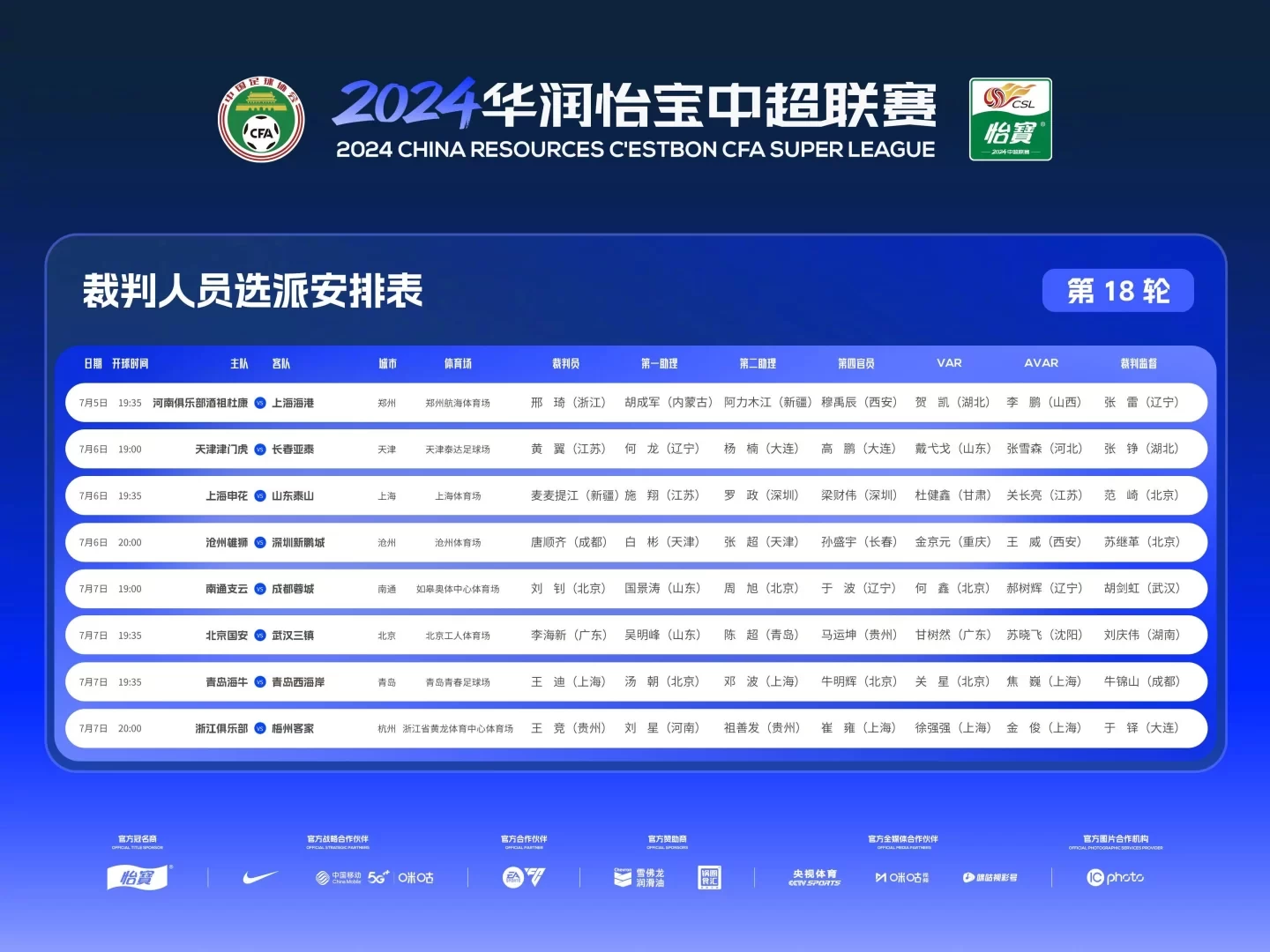 Chinese Super League Round 18 Referee Assignments: Maimitijiang to Officiate Shanghai Shenhua vs. Shandong Taishan