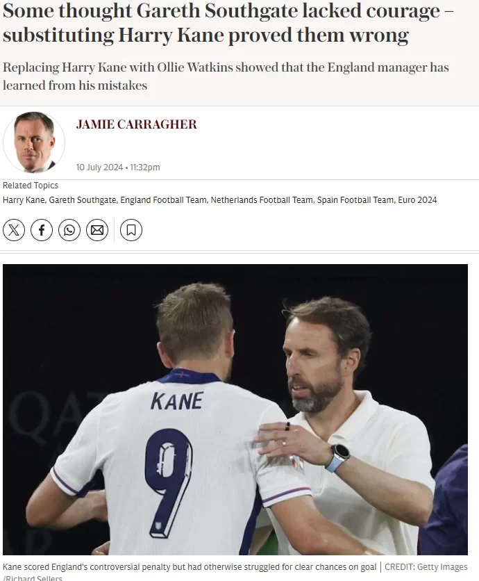 Hindsight? Carragher: Southgate Should Have Substituted Kane in England’s 2021 Final Against Italy