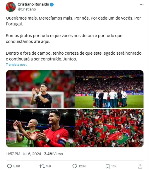 Cristiano Ronaldo posts on social media: We deserve better. Thank you for everything we’ve achieved so far