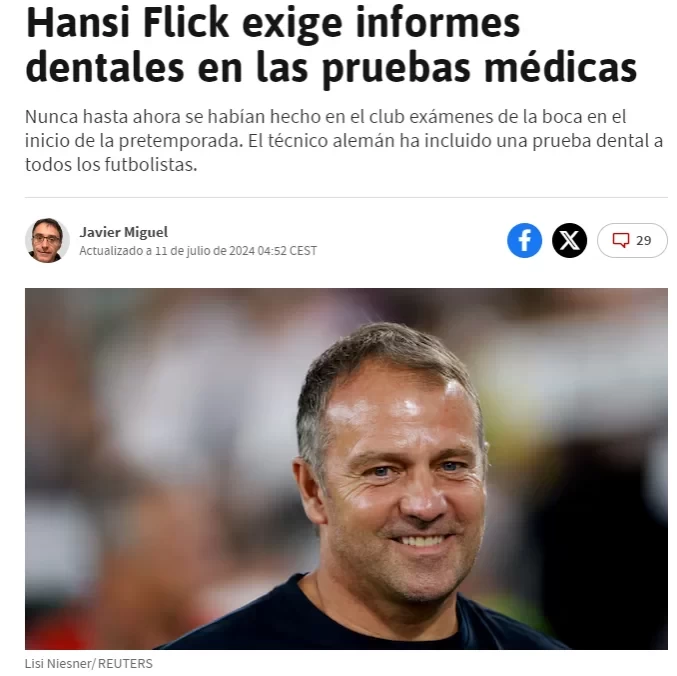 Goal: No cavities? Spanish media: Flick requires all Barca players to undergo dental check-ups