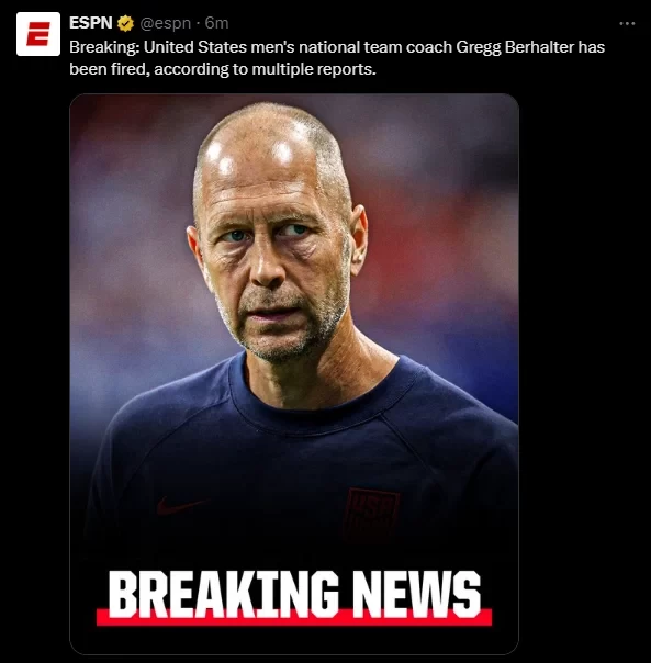 Leading the Copa America host to a group stage exit! ESPN: US Men’s National Team coach Berhalter has been fired