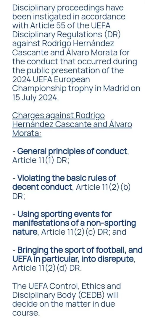 UEFA Official: Morata, Rodri to Face Disciplinary Action