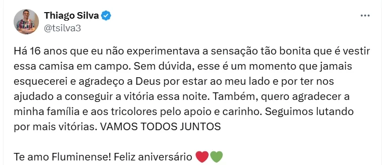 Leading Fluminense to End Winless Run, Thiago Silva Wishes Team a Happy Birthday on Social Media