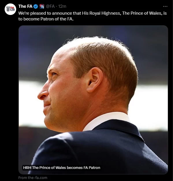 Official: Prince William Becomes Patron of the FA, Replacing Queen Elizabeth