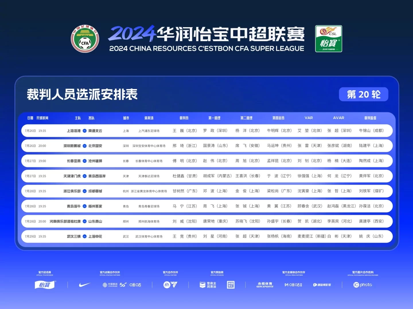 Chinese Super League Round 20 Referee Assignments: Ma Ning to Officiate Hainan vs. Meizhou, Fu Ming to Whistle Changchun vs. Cangzhou