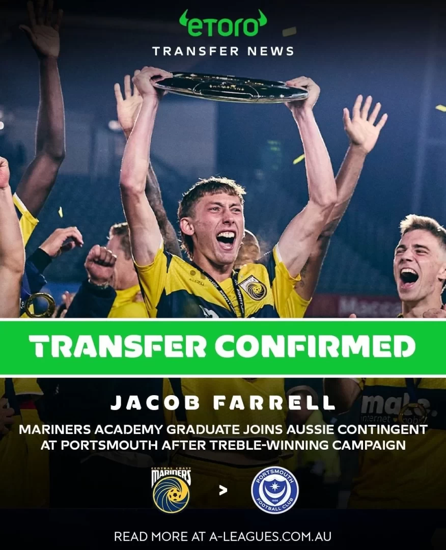 Official: Central Coast Mariners defender Farrell joins Portsmouth in EFL Championship