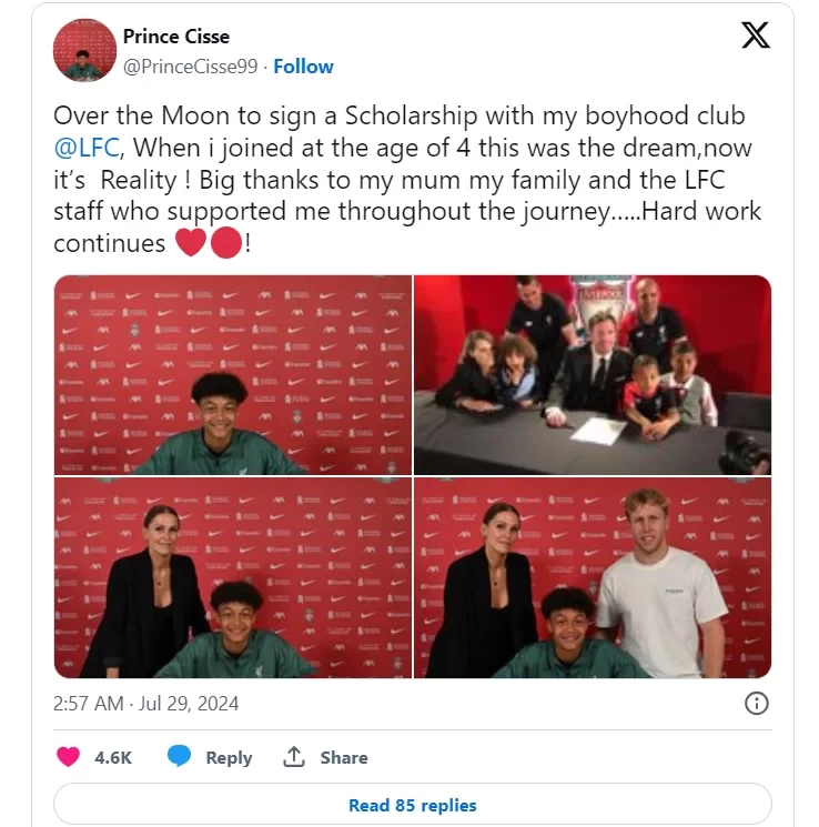 Official: Djibril Cissé’s son, Prince, signs professional contract with Liverpool