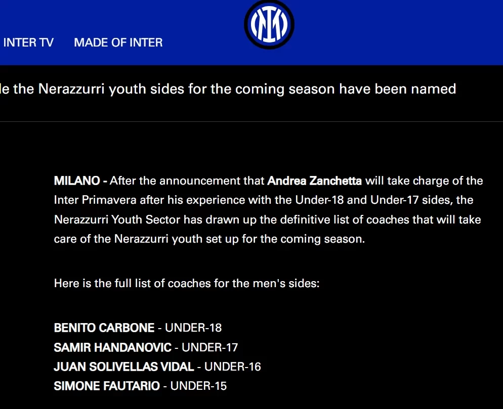 Legends Lead the Way! Inter Officially Announces Handanovic & Carboni as Youth Team Coaches