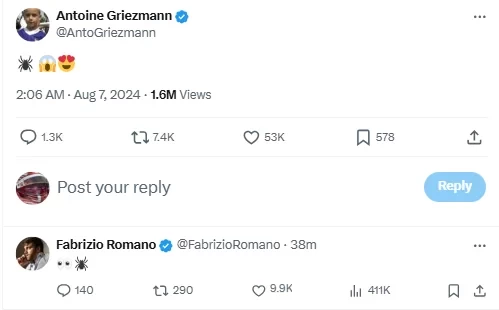 Are you surfing the web too? After Romano officially announced Spider-Man, Atl茅tico Madrid star Griezmann posted on social media