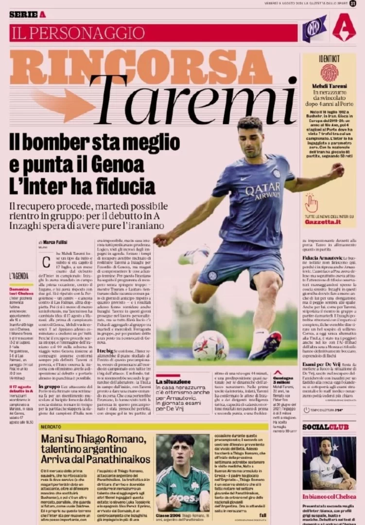 Milan Sport: Inter’s two injured forwards are set to return ahead of schedule, Taremi could be ready for the opening match of Serie A