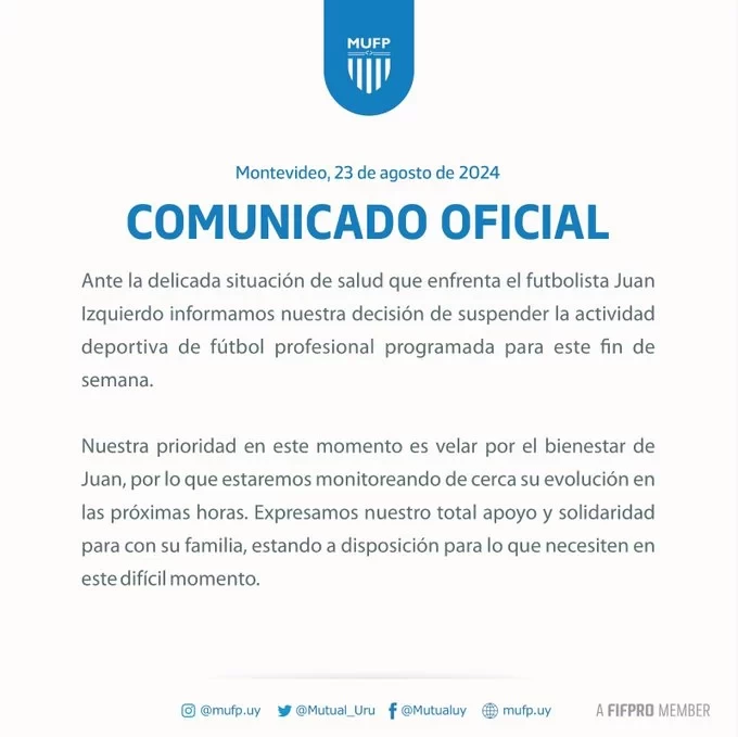 Official: All Uruguayan league games suspended this weekend due to player collapsing in Copa Libertadores