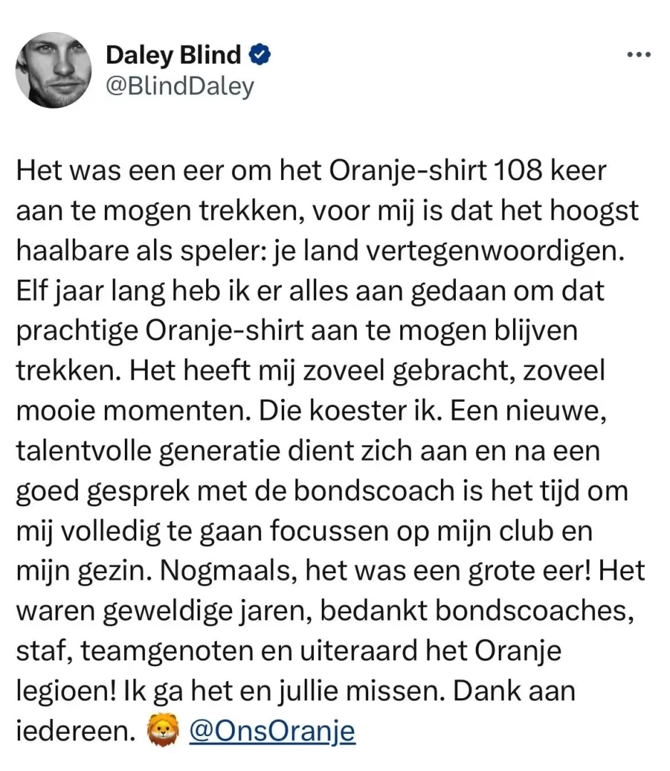 Daley Blind Announces Retirement From Netherlands National Team, Ending 11-Year Oranje Career