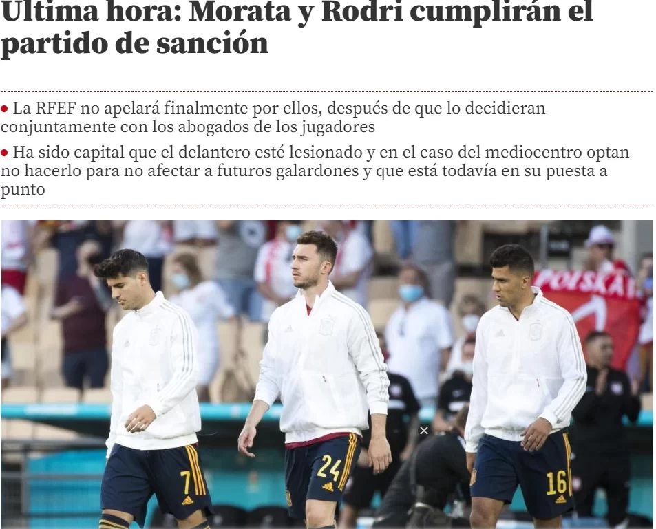 Sport: Rodri and Morata accept UEFA ban and will not appeal