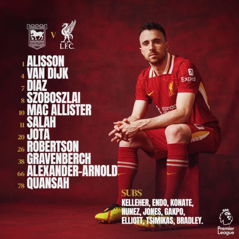 Liverpool VS Ipswich Starting Lineups: Salah, Jota Lead the Way