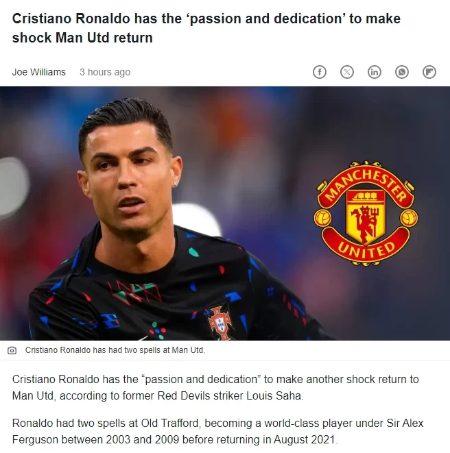 Saha Predicts Ronaldo Will Return to Manchester United as Coach or Executive After Retirement: He Can Make Up for the Red Devils’ Two Weaknesses