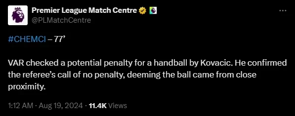 Premier League Match Centre Responds to Kovacic’s Suspected Handball: Ball Was Too Close, Player Had No Time to React