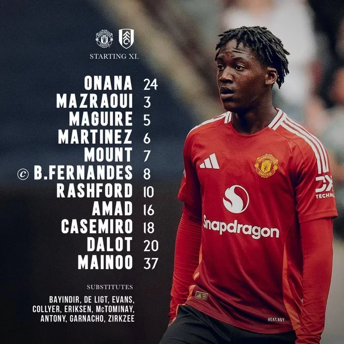 Manchester United vs Fulham Starting Lineups: Bruno Fernandes, Amad Lead the Way, De Ligt on the Bench