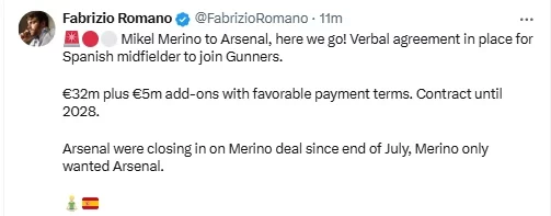 HWG! Romano: Spain international Merino joins Arsenal