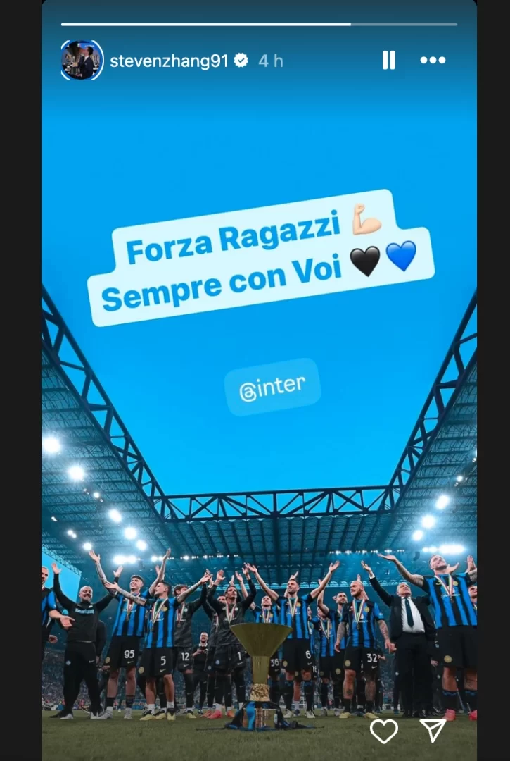 First match tonight! Steven Zhang updates social media: Forza Inter, I’m always with you