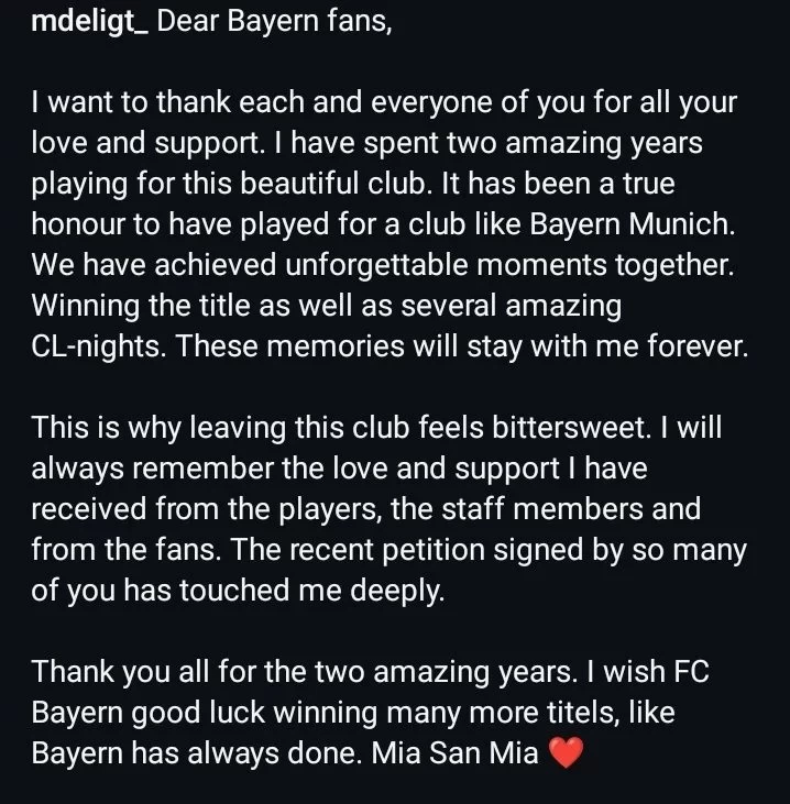 De Ligt bids farewell to Bayern fans: A bittersweet moment, will never forget our beautiful memories