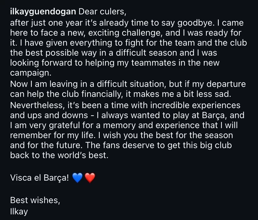 Gündoğan bids farewell to Barcelona: I will forever yearn to play for Barça, may you return to the top of the world