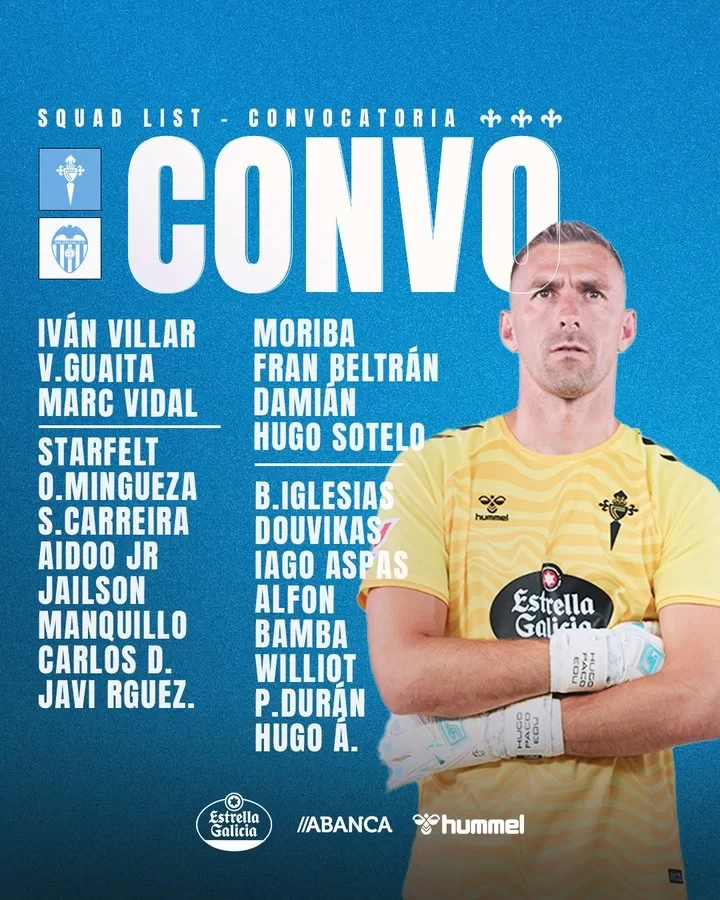 Celta Vigo coach confirms: Starting goalkeeper Iván Villar has recovered from injury and is available to start against Valencia