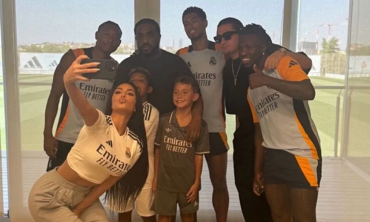 Kim Kardashian Visits Real Madrid Training Ground, Poses for Photos with Bellingham, Vinicius and Others